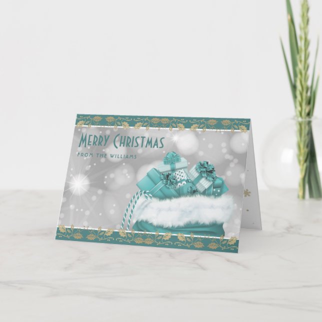 Elegant Teal Gold Holly Christmas Presents Holiday Card (Front)