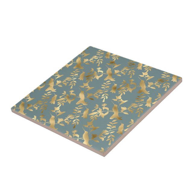 Elegant Teal Gold Hummingbirds Tile (Side)