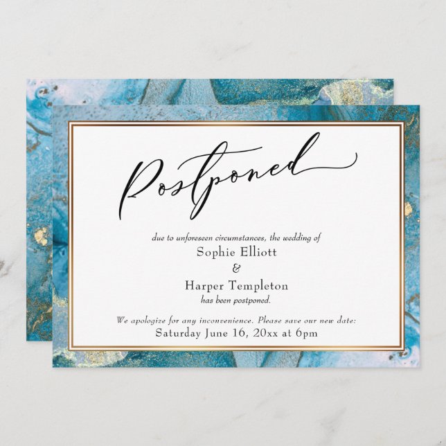 Elegant Teal & Gold Ink Postponed Wedding Card (Front/Back)