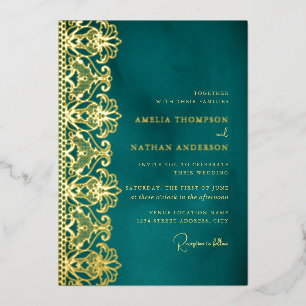 Elegant Teal Gold Lace Wedding Foil Invitation