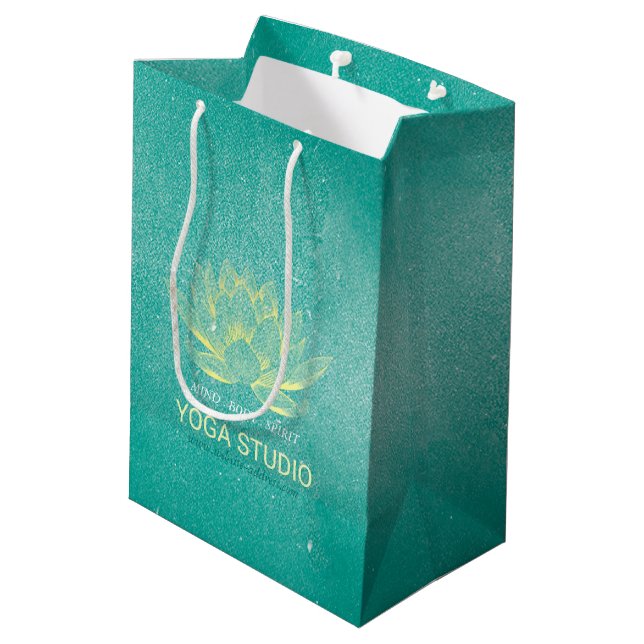 Elegant Teal Gold Lotus YOGA Meditation Instructor Medium Gift Bag (Back Angled)