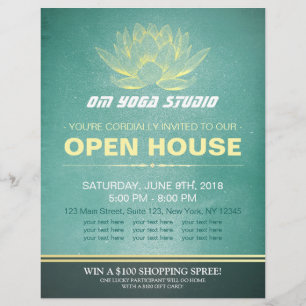 Elegant Teal & Gold Lotus YOGA Studio Open House Flyer