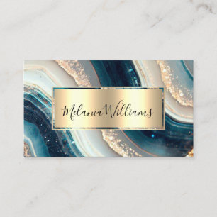 Elegant Teal Gold Marble Agate Geode QR Code  Business Card