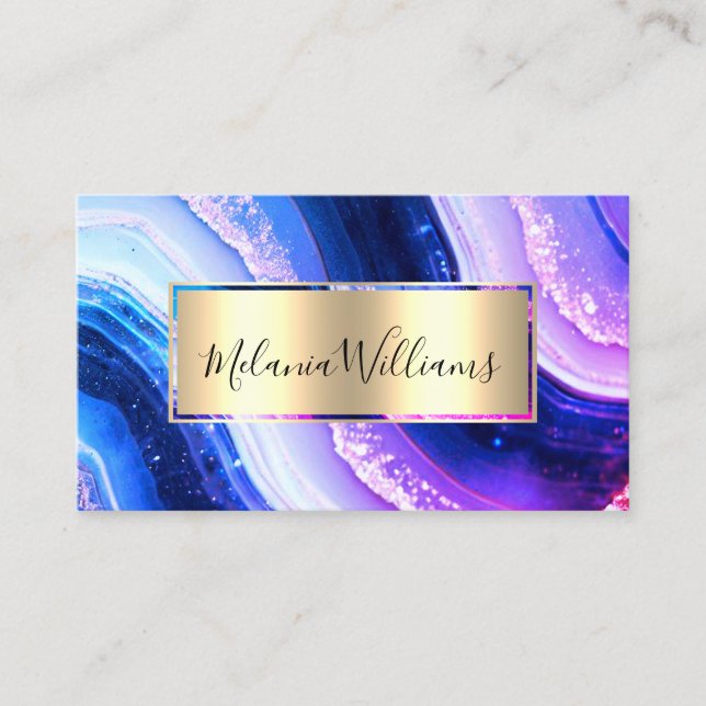 Elegant Teal Gold Marble Agate Geode QRCode Purple Business Card (Front)