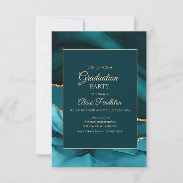 Elegant Teal Gold Marble Agate Graduation Invitation (Front)