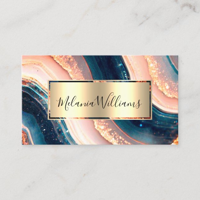 Elegant Teal Gold Marble Pink Agate Geode QR Code  Business Card (Front)