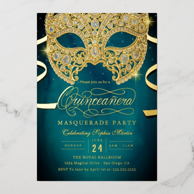 Elegant Teal Gold Masquerade Quinceanera (Front)