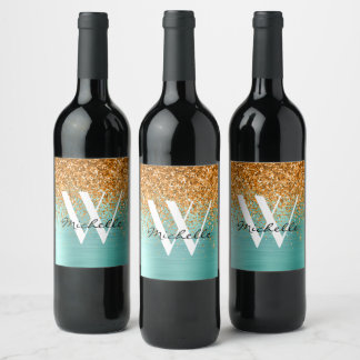 Elegant Teal Gold Monogram Glitter Girly Name Wine Label