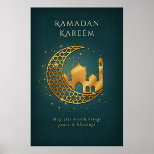 Elegant Teal & Gold Mosque Crescent Moon Ramadan Poster