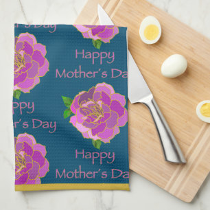 Elegant Teal Gold Pink Rose Happy Mother’s Day Tea Towel