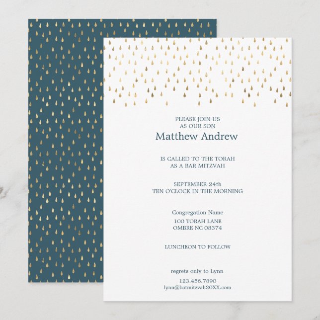 Elegant Teal & Gold Raindrops Bat Mitzvah Invitation (Front/Back)