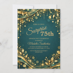 Elegant Teal Gold Sparkle Surprise 75th Birthday Invitation