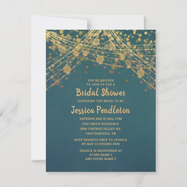 Elegant Teal Gold String Lights Bridal Shower Invitation (Front)
