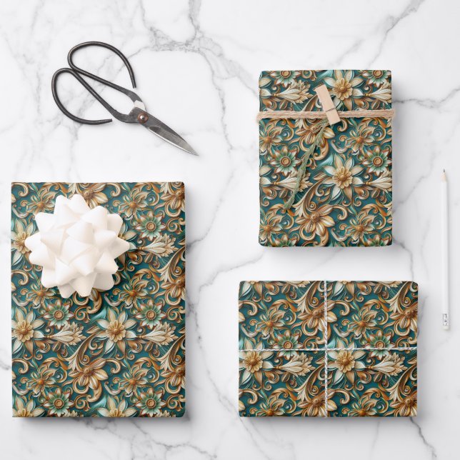 Elegant teal gold swirl flower pattern  wrapping paper sheet (Front)