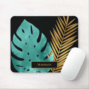 Elegant Teal Gold Tropical Leaves Black Monogram Mouse Mat