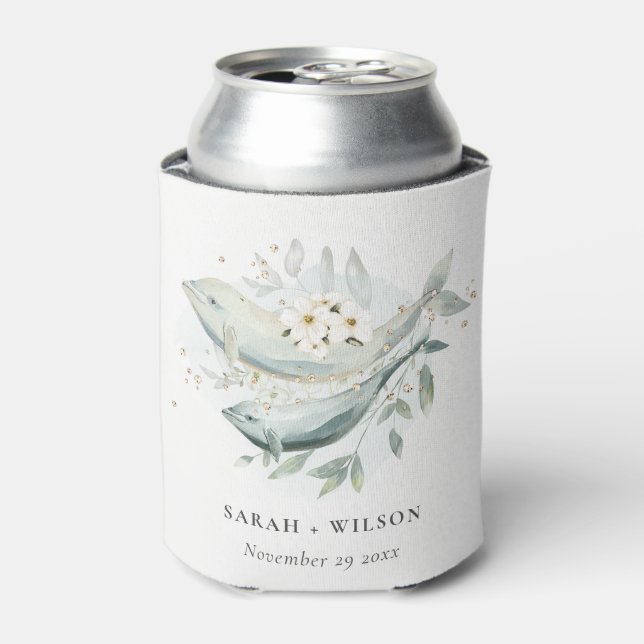 Elegant Teal Gold Underwater Floral Fish Wedding Can Cooler (Can Front)