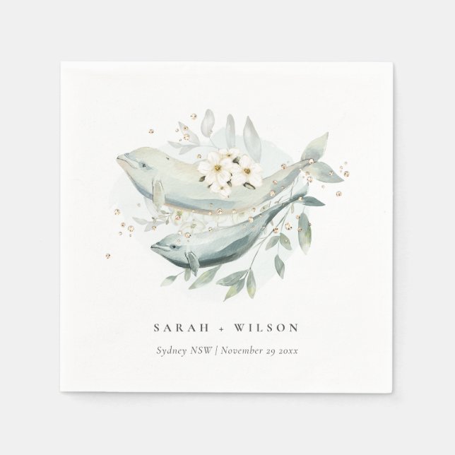 Elegant Teal Gold Underwater Floral Fish Wedding Napkin (Front)