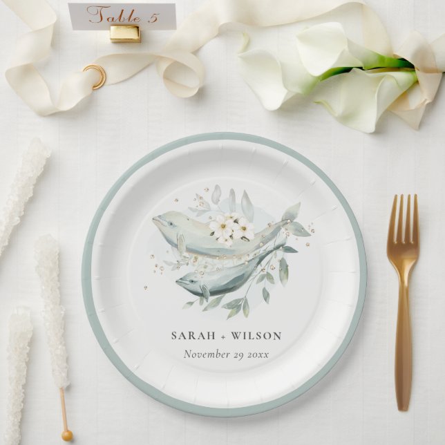 Elegant Teal Gold Underwater Floral Fish Wedding Paper Plate (Wedding)