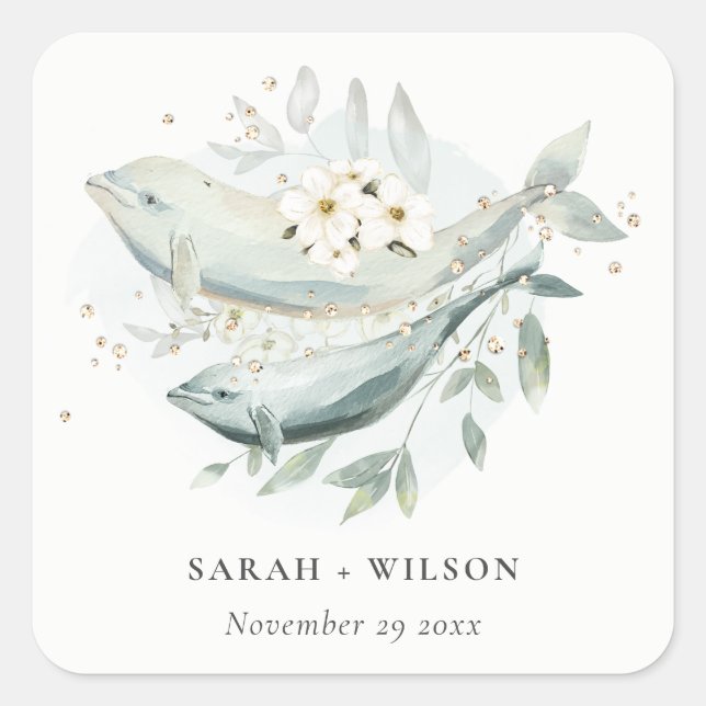 Elegant Teal Gold Underwater Floral Fish Wedding Square Sticker (Front)