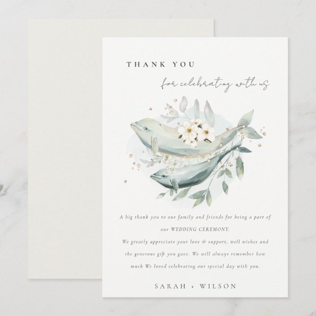 Elegant Teal Gold Underwater Floral Fish Wedding Thank You Card (Front/Back)