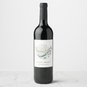 Elegant Teal Gold Underwater Floral Fish Wedding Wine Label
