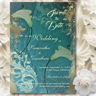 Elegant Teal & Gold Vintage Floral Wedding Save The Date