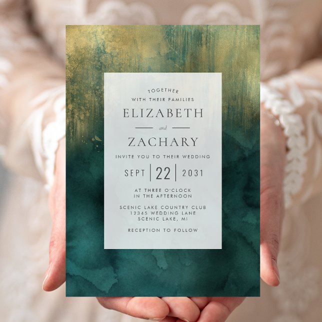 Elegant Teal Gold Watercolor Wedding Invitation (Creator Uploaded)