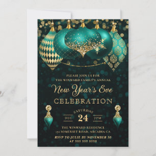 Elegant Teal & Gold Winter Baubles New Year's Eve Invitation