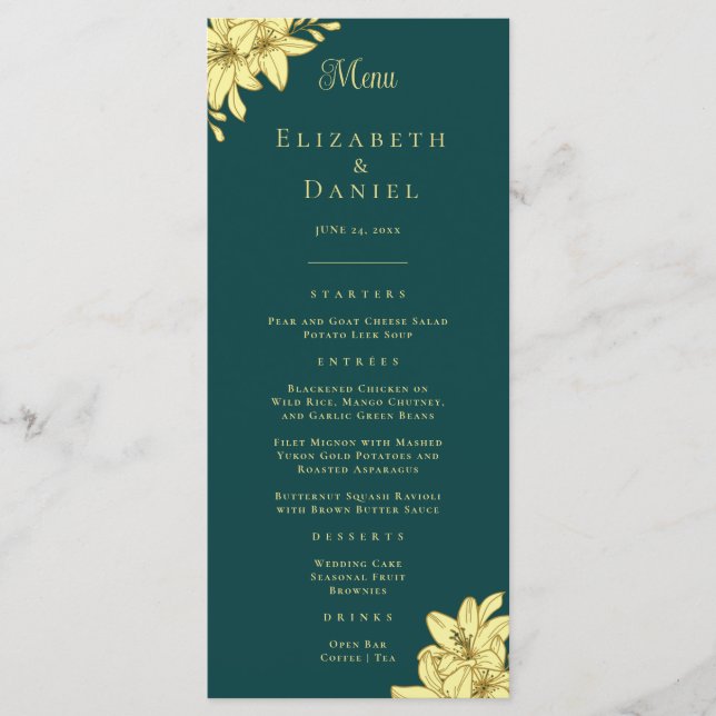 Elegant Teal & Gold with Lilies Wedding Menu (Front)