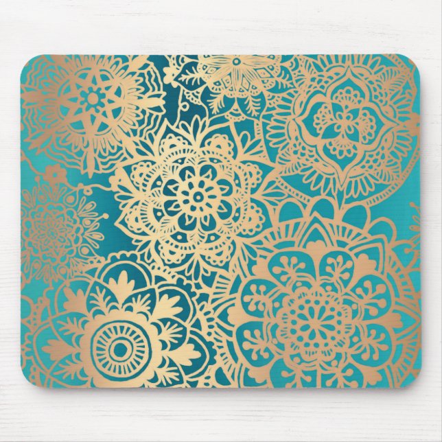 Elegant Teal Green and Gold Floral Mandala Pattern Mouse Mat (Front)