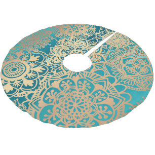 Elegant Teal Green and Gold Mandala Pattern Brushed Polyester Tree Skirt