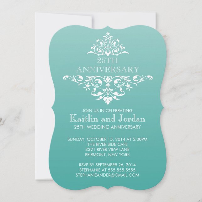 Elegant Teal Green Blue Flourish Anniversary Party Invitation (Front)
