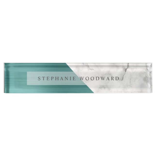 Elegant Teal Green Brushed Metal White Marble Nameplate (Front)