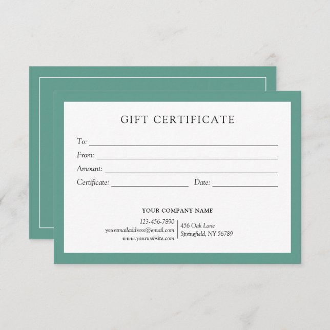 Elegant Teal Green Business Gift Certificate Logo (Front/Back)