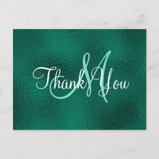 Elegant Teal Green Faux Foil Monogram Thank You Postcard