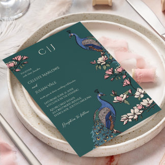 Elegant Teal Green Floral Peacock Wedding Invitation