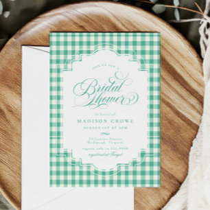 Elegant Teal Green Gingham Script Bridal Shower Invitation