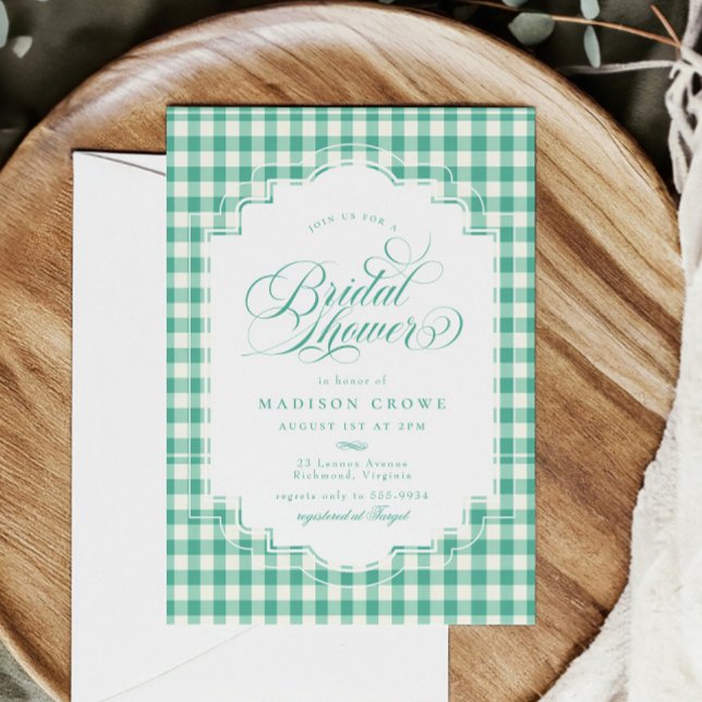 Elegant Teal Green Gingham Script Bridal Shower Invitation (Creator Uploaded)