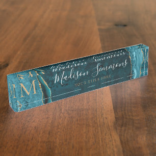 Elegant Teal Green Gold Agate Geode Monogram Nameplate