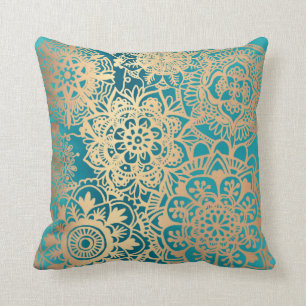 Elegant Teal Green Gold Mandala Pattern Cushion