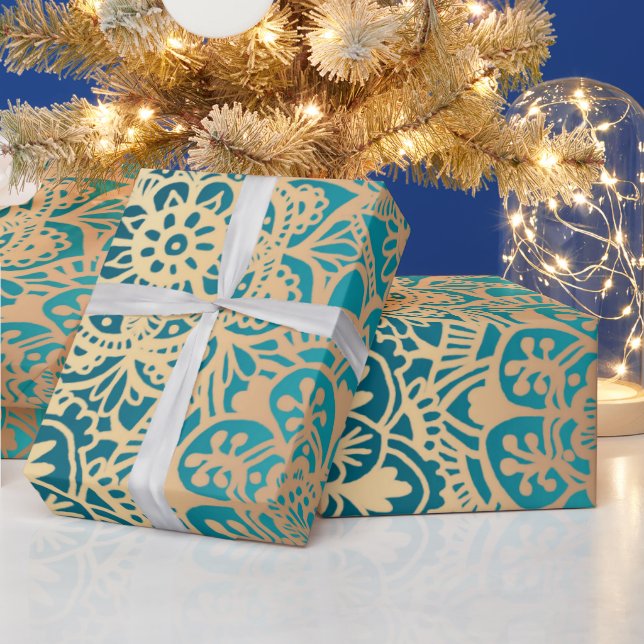 Elegant Teal Green Gold Mandala Pattern Wrapping Paper (Holidays)