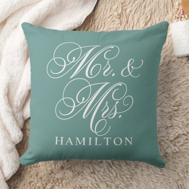 Elegant Teal Green Mr and Mrs Script Wedding Cushion (Blanket)