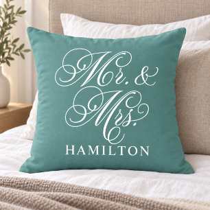 Elegant Teal Green Mr and Mrs Script Wedding Cushion