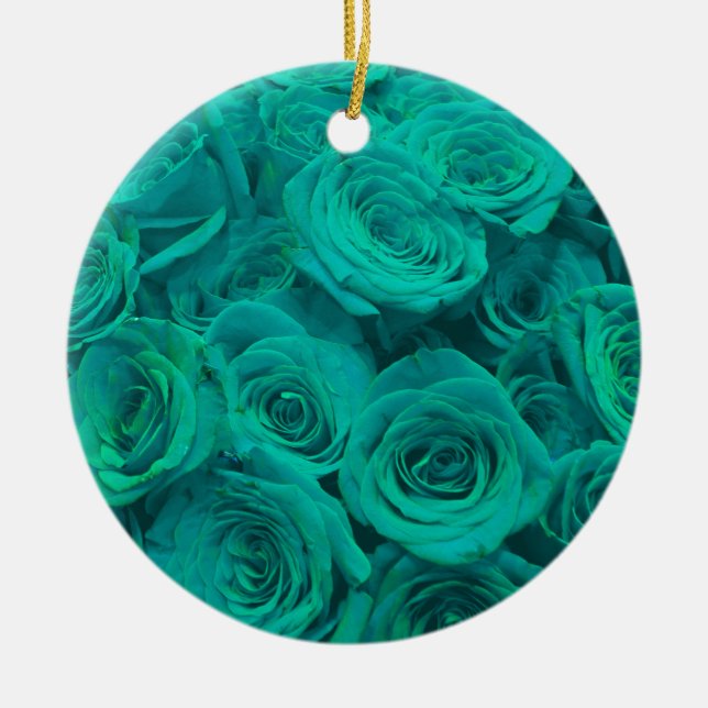 Elegant teal green roses  ceramic tree decoration (Front)