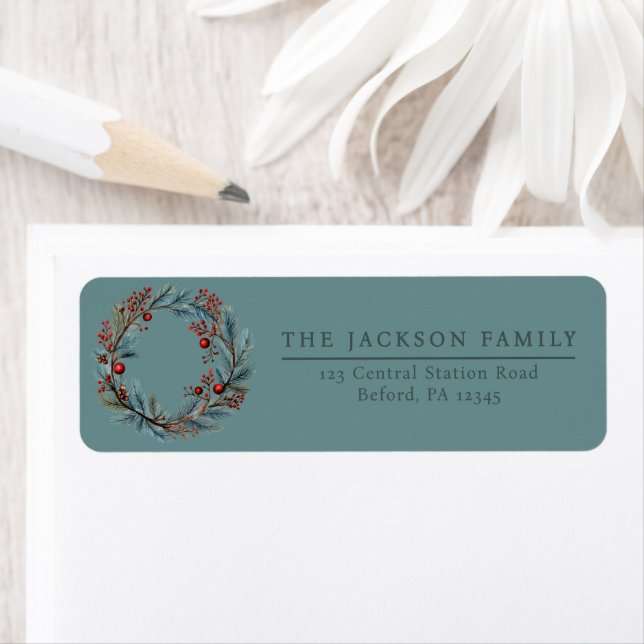 Elegant Teal Green Wreath Return Address Label (Insitu)