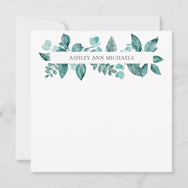 Elegant Teal Greenery Leaves Personalised Name  Card (Front)