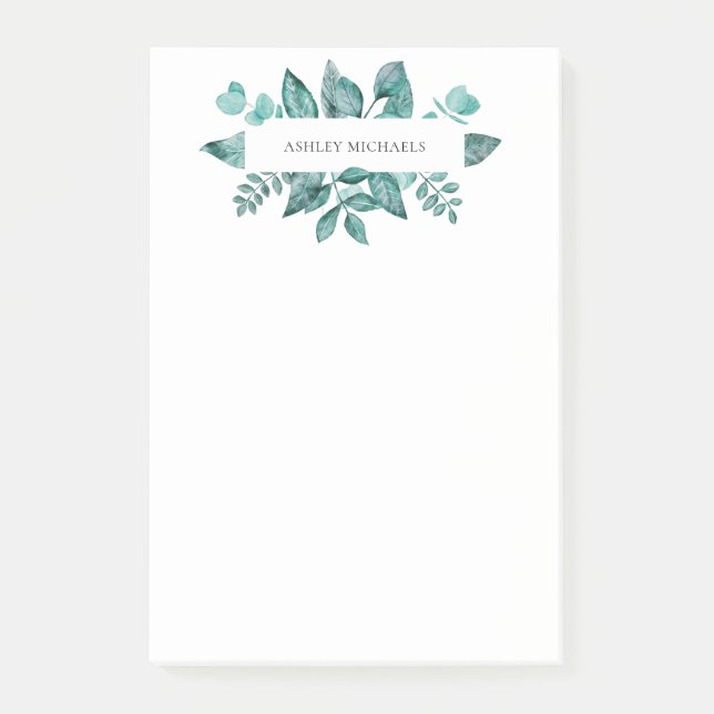 Elegant Teal Greenery Leaves Personalised Name  Post-it Notes (Front)