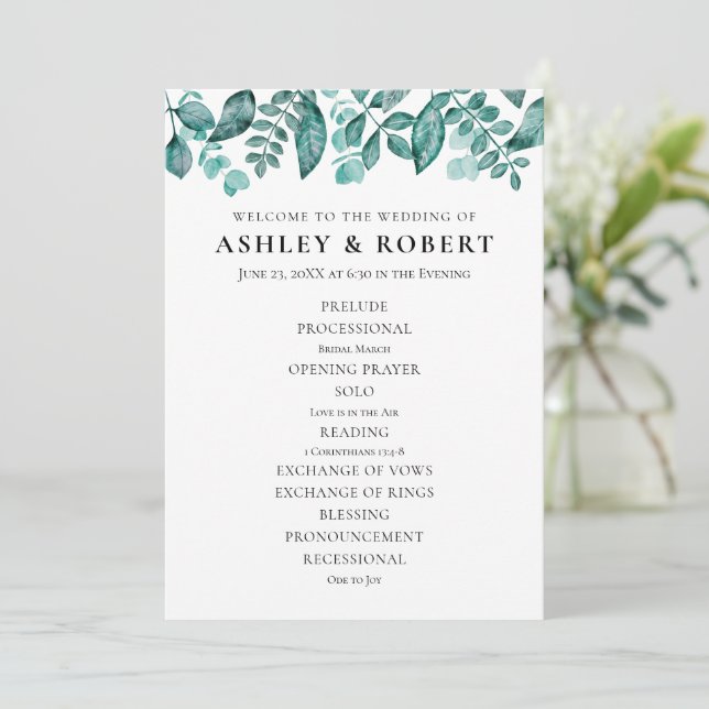 Elegant Teal Greenery Leaves Wedding Ceremony Programme (Standing Front)