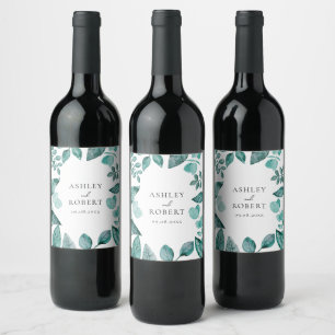 Elegant Teal Greenery Personalised Wedding Bottle Wine Label
