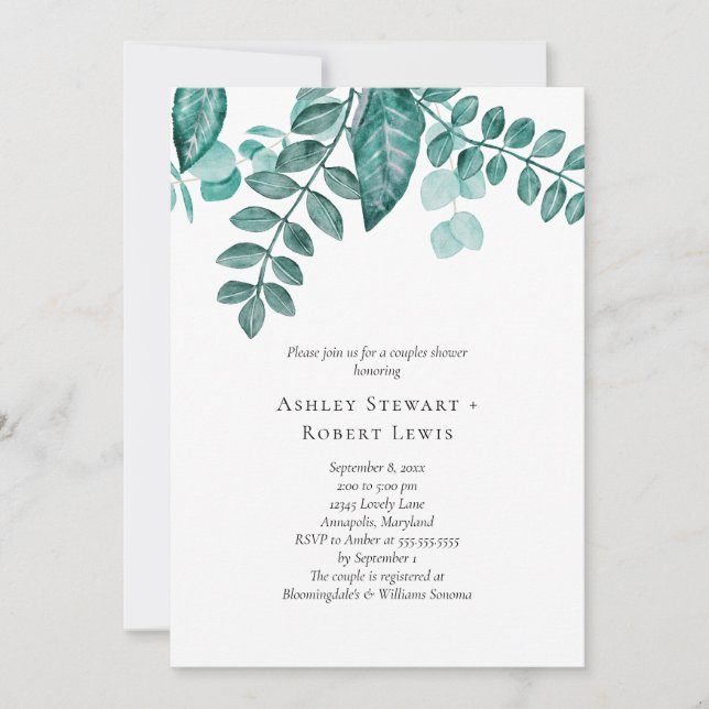 Elegant Teal Greenery Watercolor Couples Shower Invitation (Front)